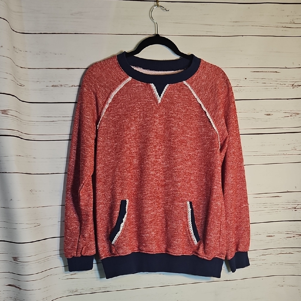 Women's Red Marled Raglan Pullover Sweatshirt with Contrast Trim Pockets
